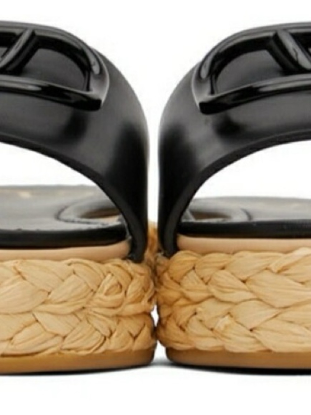 Valentino Garavani Black Leather and Raffia Platform Slides - Picture 4 of 5
